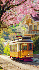Obraz premium Spring Encounter in Lisbon: Blossoming Trees, Tram Ride, Afternoon Sunshine, Realistic Scenery