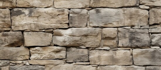 Fototapeta premium Textured aged stone wall with grey and beige stones arranged irregularly, providing ample copy space on the left side for design usage.