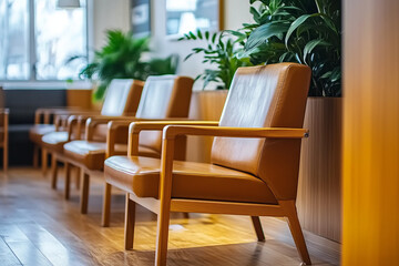 Wooden Office Waiting Room with Comfortable Armchairs and Entertainment Television: Modern and Inviting Design