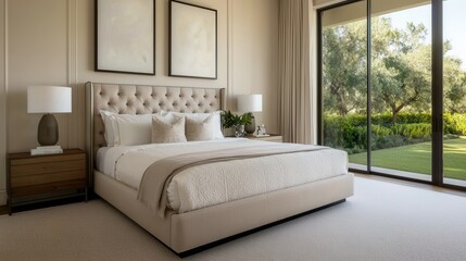 A modern, elegant bedroom featuring a tufted bed, soft lighting, and large windows overlooking a serene outdoor garden.