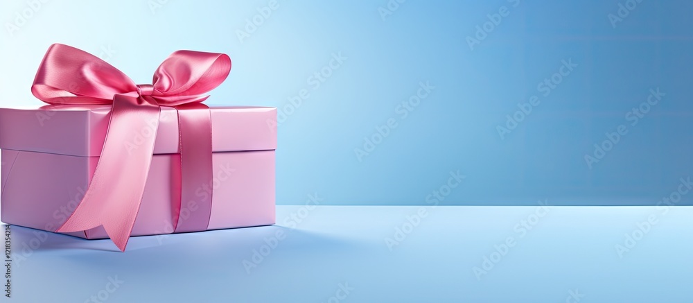 Poster pink gift box adorned with a satin ribbon positioned on a pastel blue background with ample negative