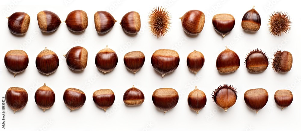 Poster a variety of chestnuts arranged in a horizontal line on a white background showcasing rich brown hue