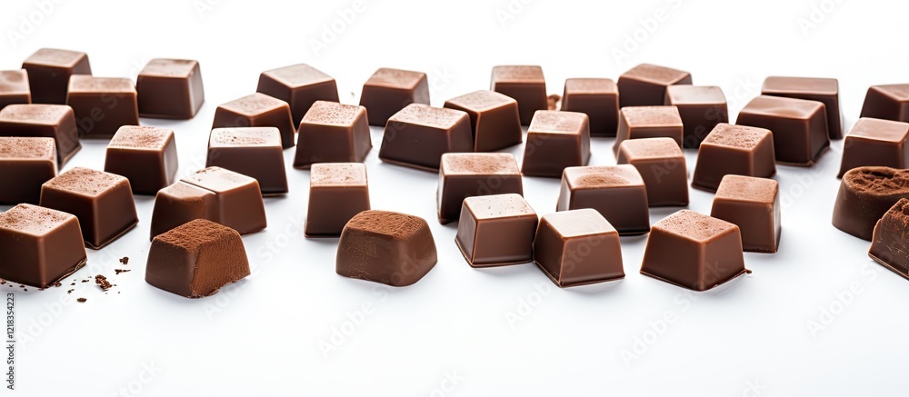 Poster Chocolate cubes scattered on a bright white background creating ample copy space with shades of brown highlighting their rich textures and shapes.