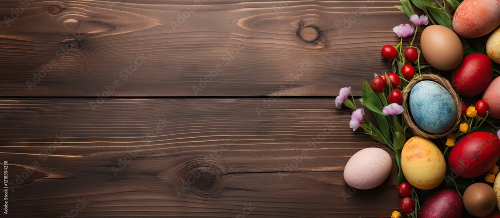 Poster festive easter scene featuring a wooden table with vibrant decorated eggs and a blank greeting card 