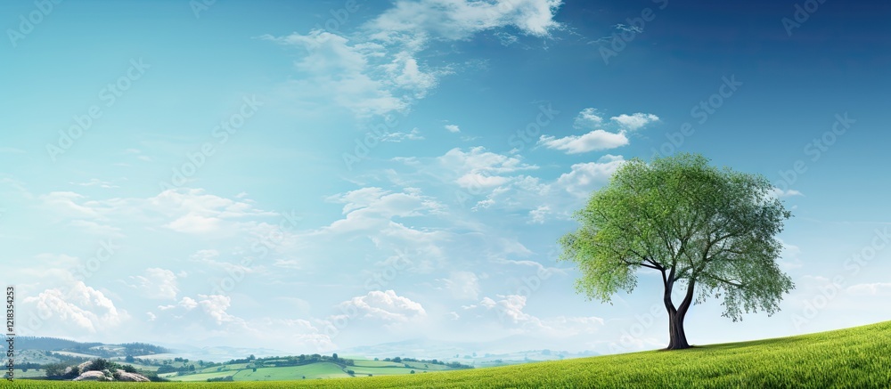 Poster Serene landscape with a tall green tree on a vibrant green hill against a clear blue sky with soft clouds creating ample copy space for design