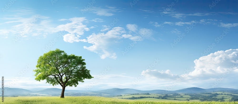 Aufkleber lush green tree stands alone on a vibrant meadow under a bright blue sky with wispy clouds creating 