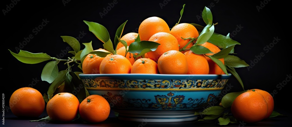 Aufkleber vibrant orange mandarins in a decorative blue bowl with green leaves against a dark background empha