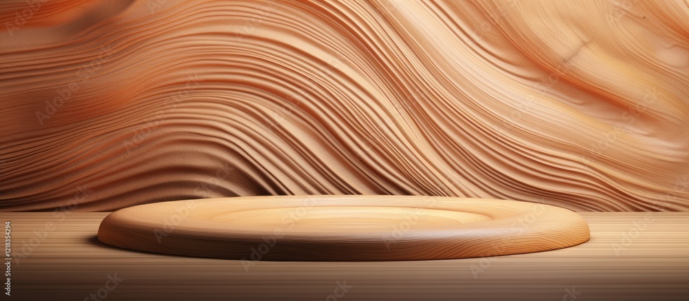 Aufkleber Wooden textured background featuring smooth, flowing waves in warm tones with a circular platform centered at the bottom for product presentation.