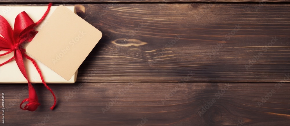 Poster Heart ribbon elegantly placed on an open notebook with a blank tag on a rustic wooden surface warm brown tones creating an inviting atmosphere