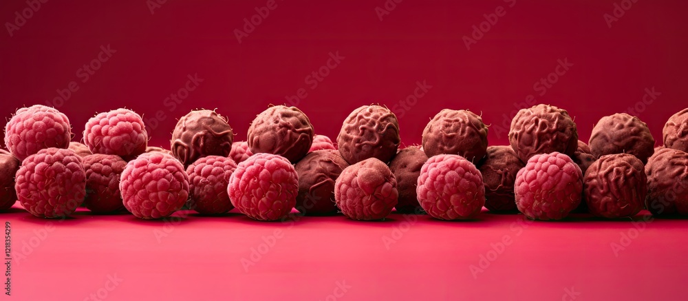 Poster dried raspberries on chocolate balls arranged in a row against a smooth red background showcasing vi