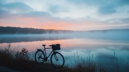 Serene Sunrise Bike Ride by Misty Lake