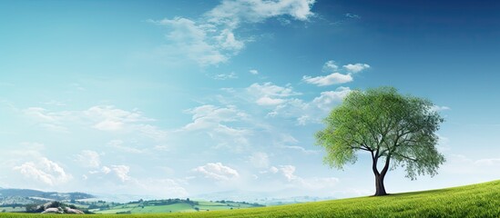 Serene landscape with a tall green tree on a vibrant green hill against a clear blue sky with soft clouds creating ample copy space for design