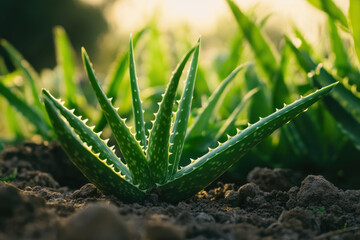 Fototapeta premium Aloe vera plant with green leaves and spiky edges growing in soil, surrounded by other plants, showcasing its natural beauty and health benefits