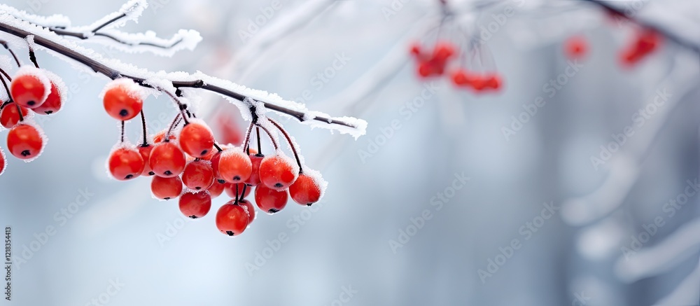 Aufkleber Vibrant red berries hang on frosted branches against a soft snowy background creating a striking contrast of color and winter serenity