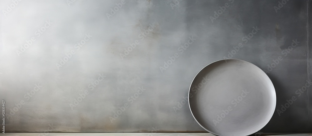 Leinwandbilder Empty grey plate positioned on the right against a smooth cement background with soft muted tones creating an ideal space for design elements