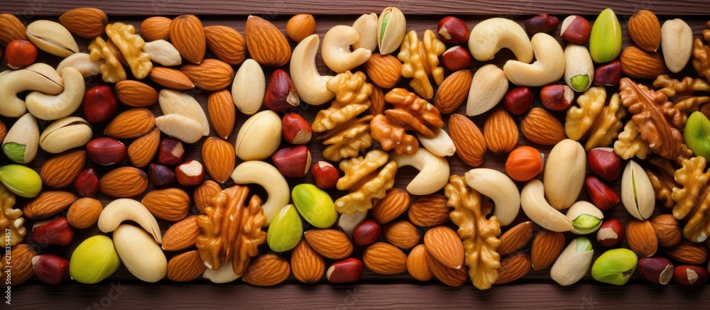 Poster Assorted coated nuts in shades of brown and green arranged in a top-down view on a wooden surface with ample copy space for text.