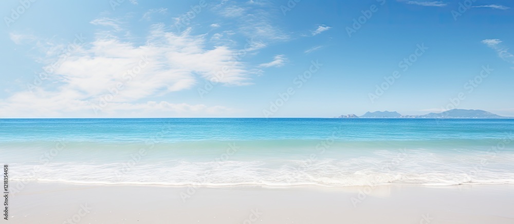 Poster panoramic beach view at daylight with turquoise ocean gently lapping at sandy shore under a clear bl