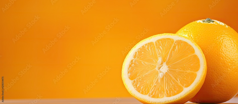 Poster Freshly cut lemon with bright orange background; foreground features ripe lemon half, ample negative space on the right for text placement.