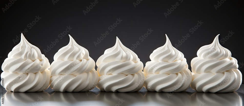 Poster French vanilla meringue cookies lined in a row on a dark background with soft highlights emphasizing their creamy white texture and swirls