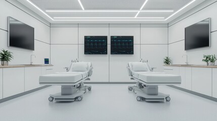 A modern medical room featuring two adjustable beds, sleek design, dual monitors, and a clean, sterile environment.