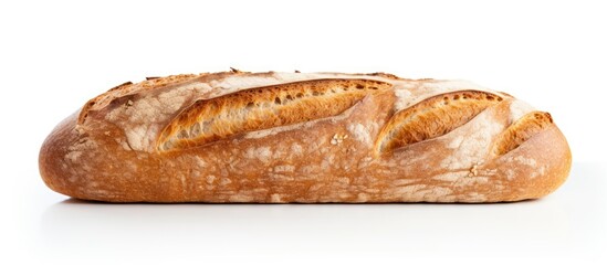 Freshly baked crusty loaf of bread positioned centrally against a clean white background showcasing its golden-brown color and texture.