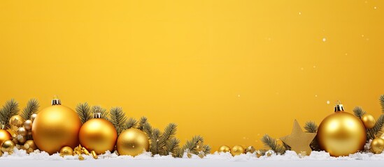 Vibrant yellow Christmas banner featuring gold ornaments and snow accents positioned at the bottom, ideal for festive postcards and copy space.