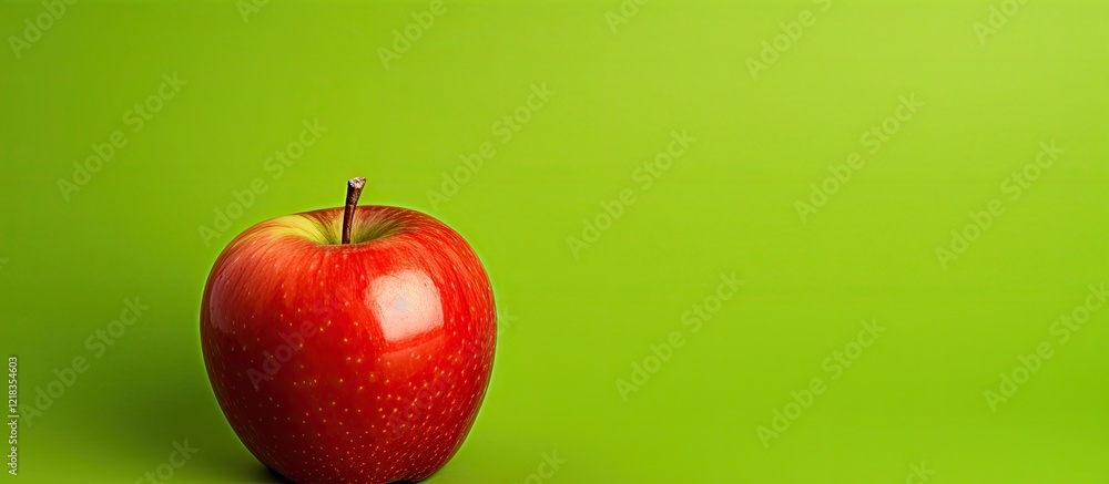Poster Vibrant red apple positioned on the left against a bright green background creating a striking color contrast ideal for food-related themes.