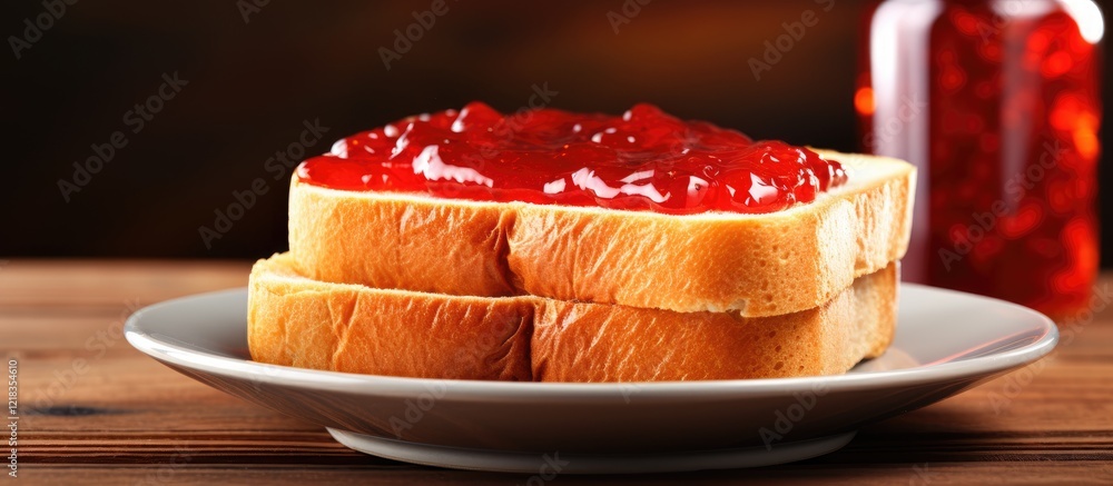 Poster delicious golden toast stacked on a white plate topped with vibrant red jam on a rustic wooden table
