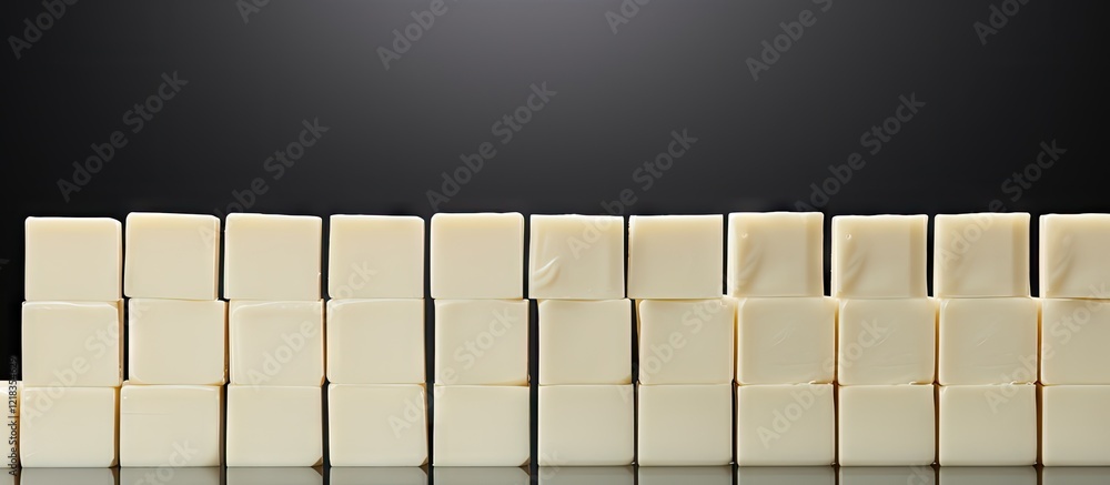 Poster White chocolate bars neatly arranged in rows against a smooth dark gray background with even lighting highlighting their creamy texture.