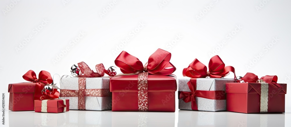 Poster red and silver wrapped gift boxes with bows arranged in a row against a light gray background convey