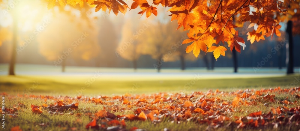 Poster vibrant autumn park scene with colorful falling leaves in oranges and yellows illuminated by sunligh