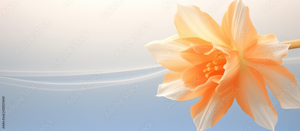 Aufkleber delicate close up of a white and orange daffodil flower positioned to the right with a soft light ba