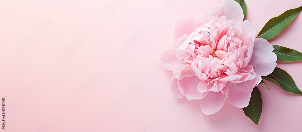 Fototapete Vibrant pink peony flower positioned in the bottom right on a soft pale pink background providing ample copy space for text at the top left