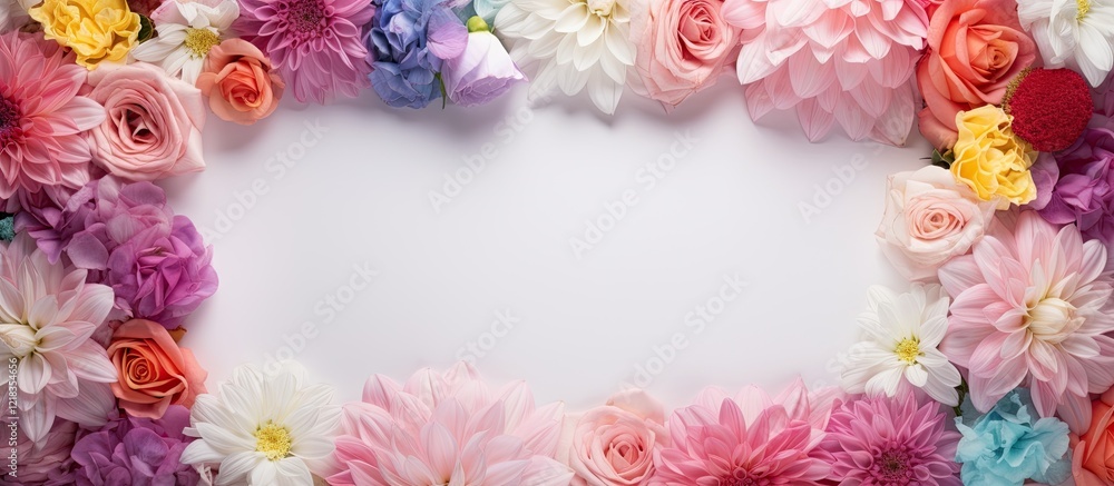 Poster Pastel colored artificial flowers in various hues frame an empty white space ideal for a greeting card held in a top-down view composition.