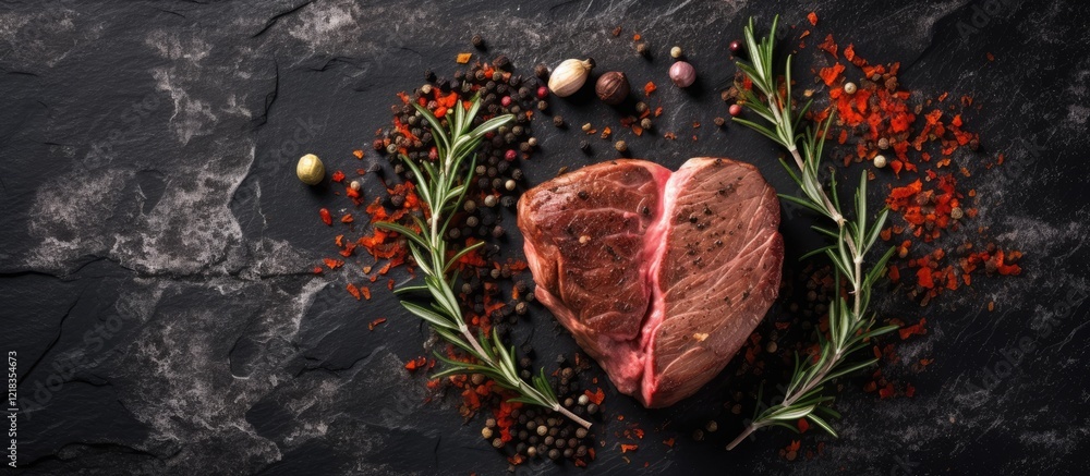 Poster Heart-shaped beef steak surrounded by spices and herbs on a dark stone background with ample copy space for text and a rustic feel