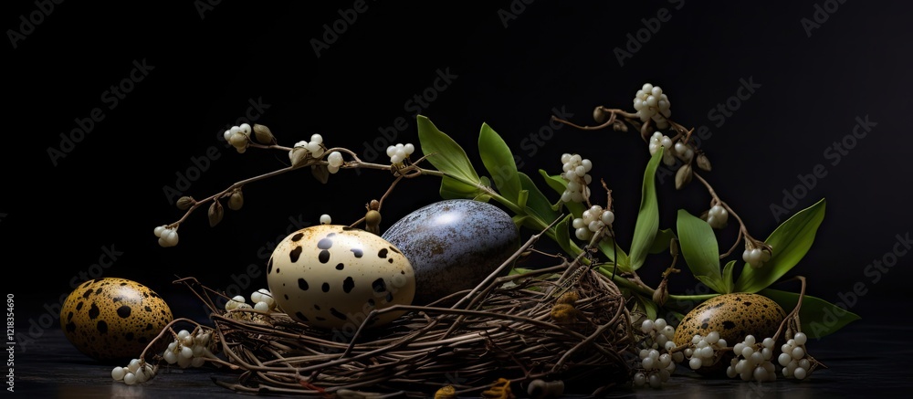 Poster Easter quail eggs with speckled patterns arranged in a nest on a dark background surrounded by willow branches and delicate flowers for copy space.