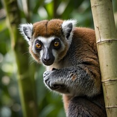 Obraz premium Heartwarming Scene of a Mother Lemur Cradling Her Baby in the Forest
