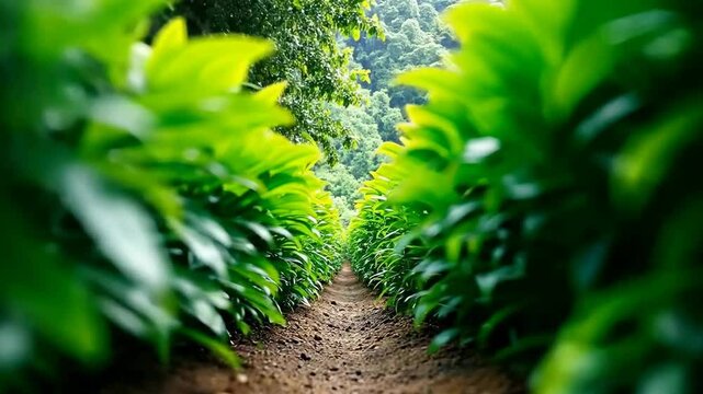 a path running between two rows of green plants. The leaves of the plants are bright green and look fresh.