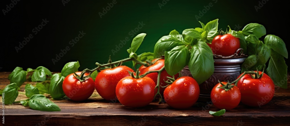 Poster ripe red tomatoes and lush green basil artfully arranged on a rustic wooden table with a dark green 