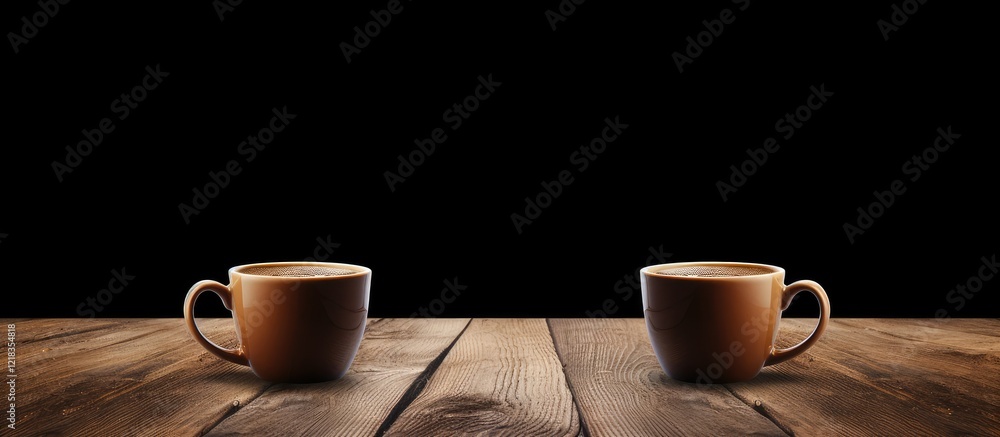 Poster Two brown coffee cups on a rustic wooden table with a black background creating ample copy space for text or branding.