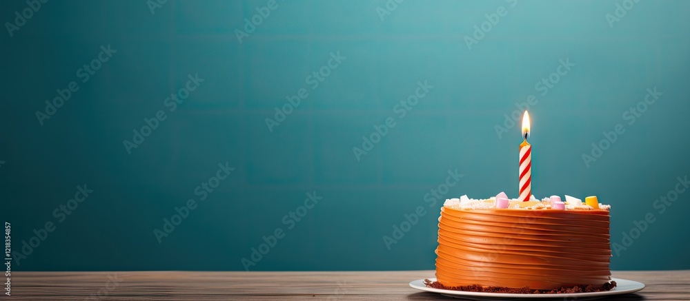 Poster single birthday cake with orange frosting and a lit candle positioned on the left, on a wooden table