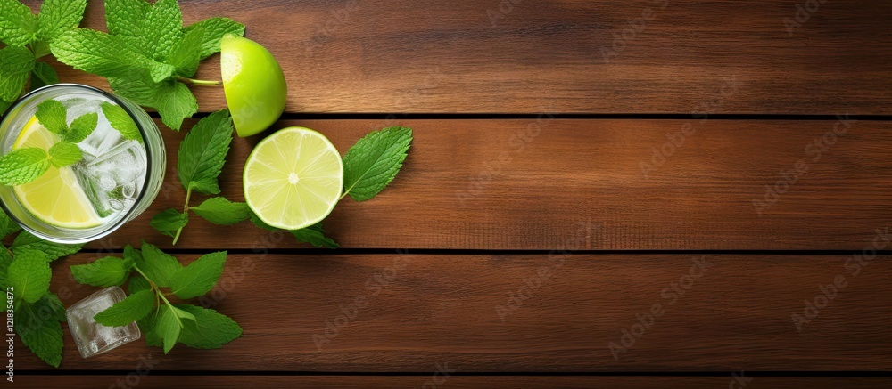 Poster mojito cocktail with fresh mint leaves and lime slices on a wooden table top view featuring glass fi
