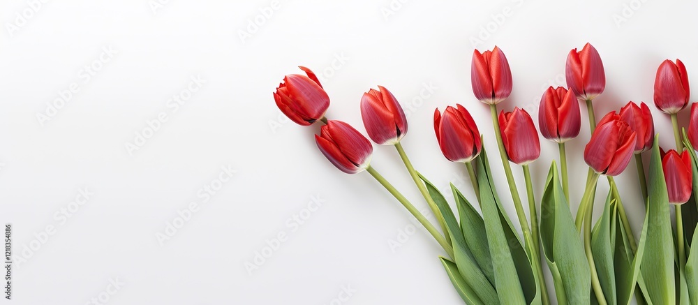 Poster vibrant red tulips arranged diagonally on a clean white background creating ample copy space, ideal 