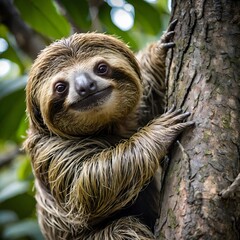 Naklejka premium A Sloth's Slow Ascent: Climbing the Tree in Its Unique Pace