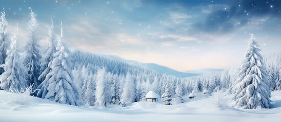 Naklejka premium Snowy winter landscape showcasing tall fir trees under a blue sky with soft clouds, ample white space for text, perfect for Christmas themes.
