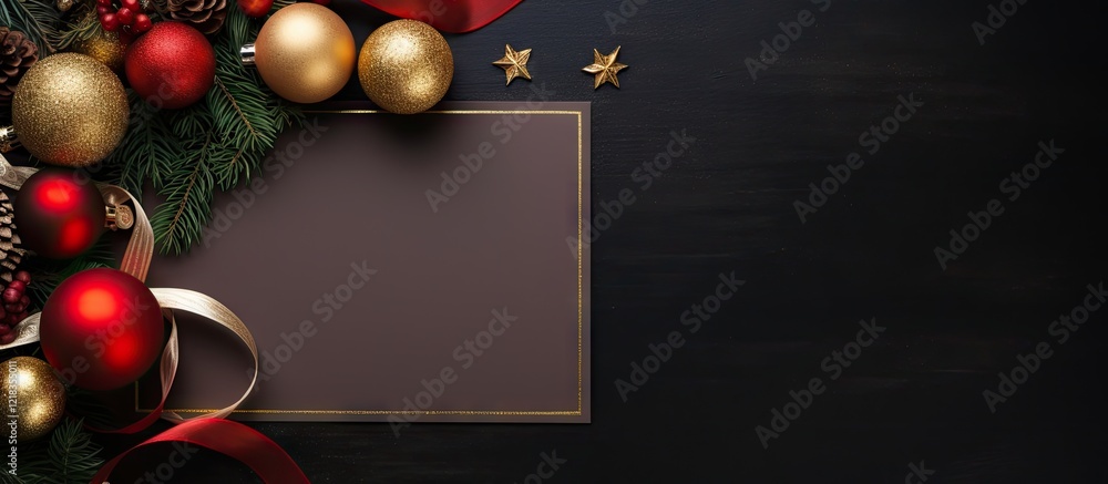 Poster festive flat lay of red and gold christmas ornaments with pine greenery and an empty card on a dark 