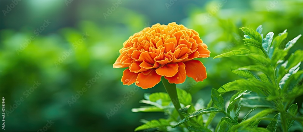 Poster close up of vibrant orange marigold flower against lush green leaves with soft bokeh background prov