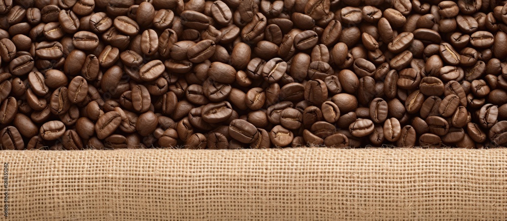 Poster Close up of rich dark roasted coffee beans on textured burlap background with neutral tones creating a rustic and inviting atmosphere