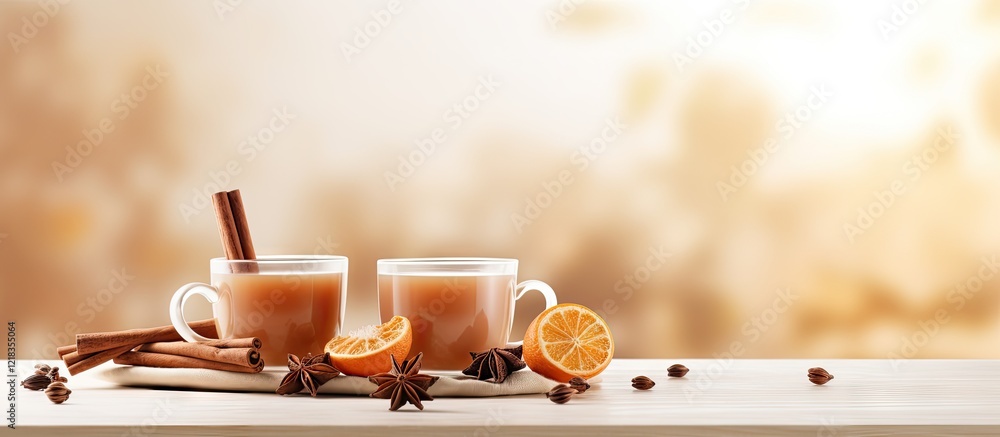 Poster Cups of herbal tea with orange slices and cinnamon stick on a light background with warm tones featuring ample space for text and design