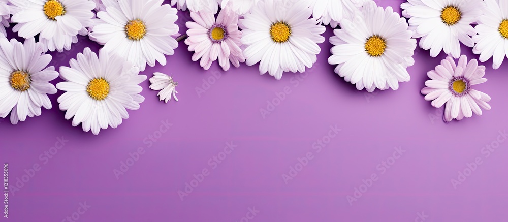 Poster chamomile flowers in white and yellow arranged on a vibrant purple background viewed from above with